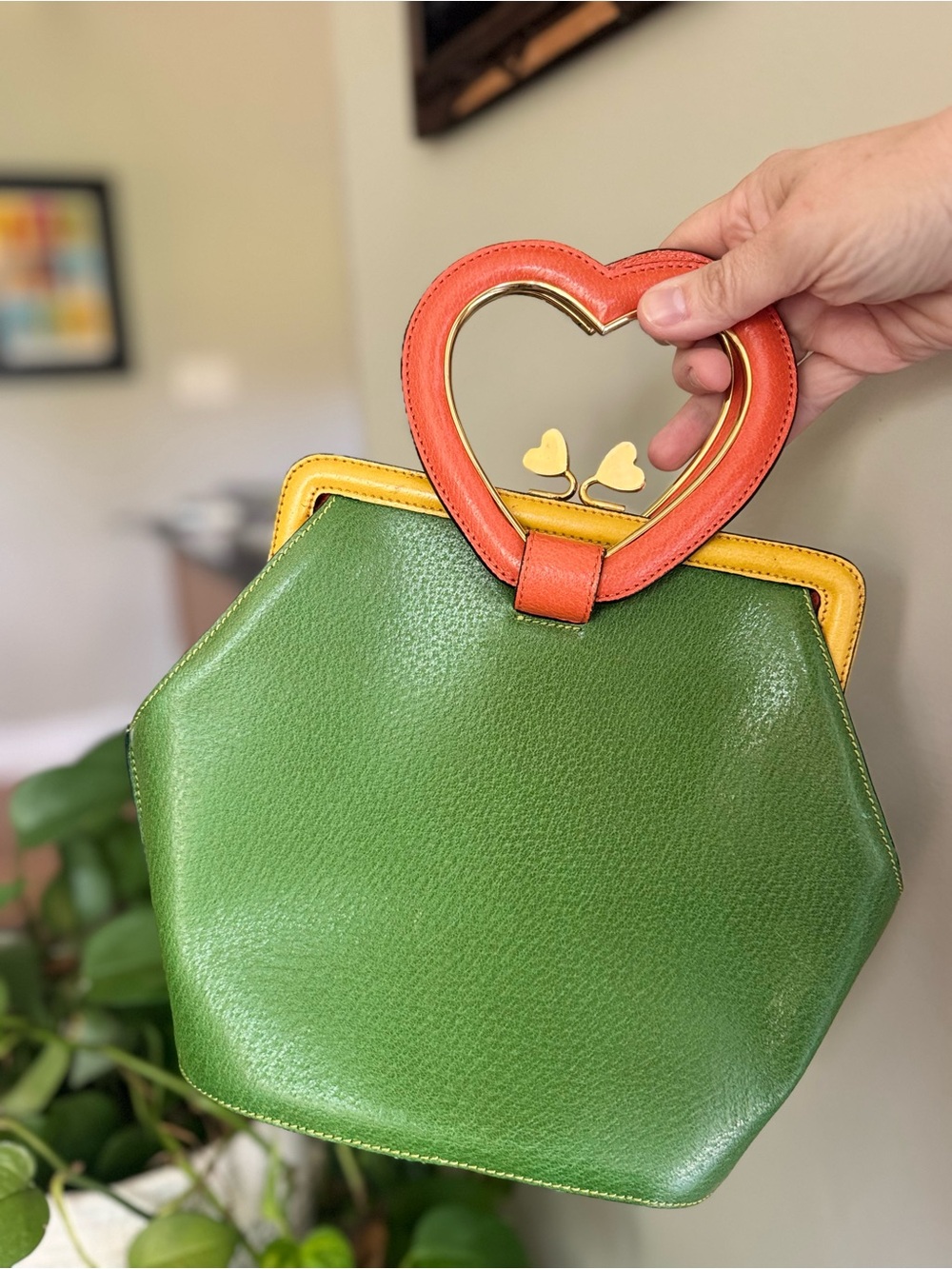 RARE Vintage Moschino Redwall Heart Handle Bag 90s Colorblock Leather Novelty